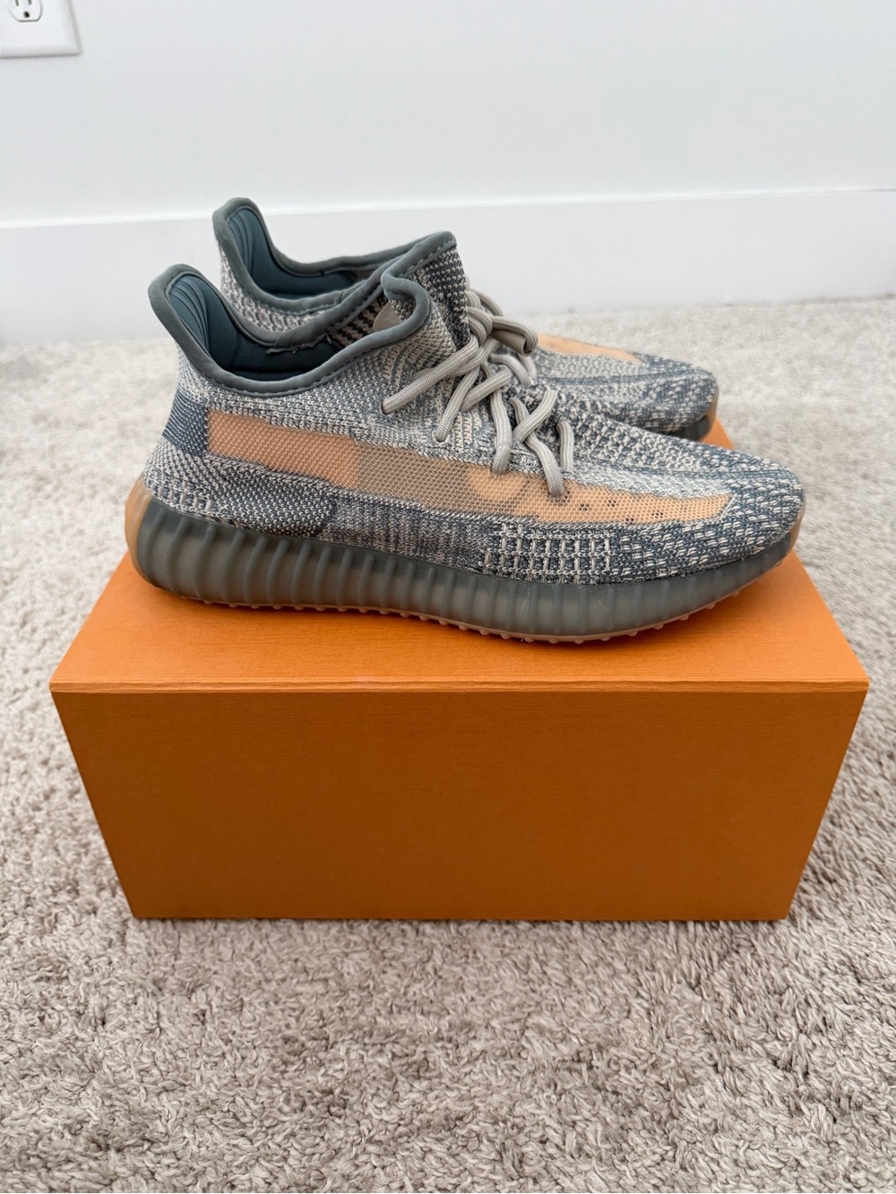 Yeezy Gray and Tan Knit Athletic Sneakers